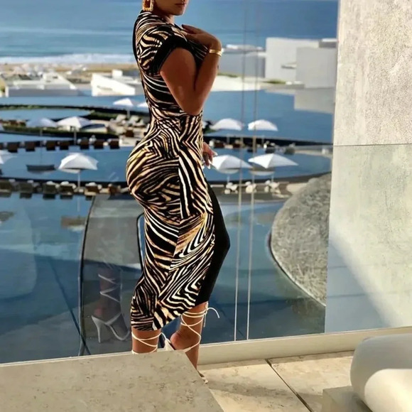 Elegant Zebra Striped Patchwork Bodycon Dress, - Picture 2 of 2